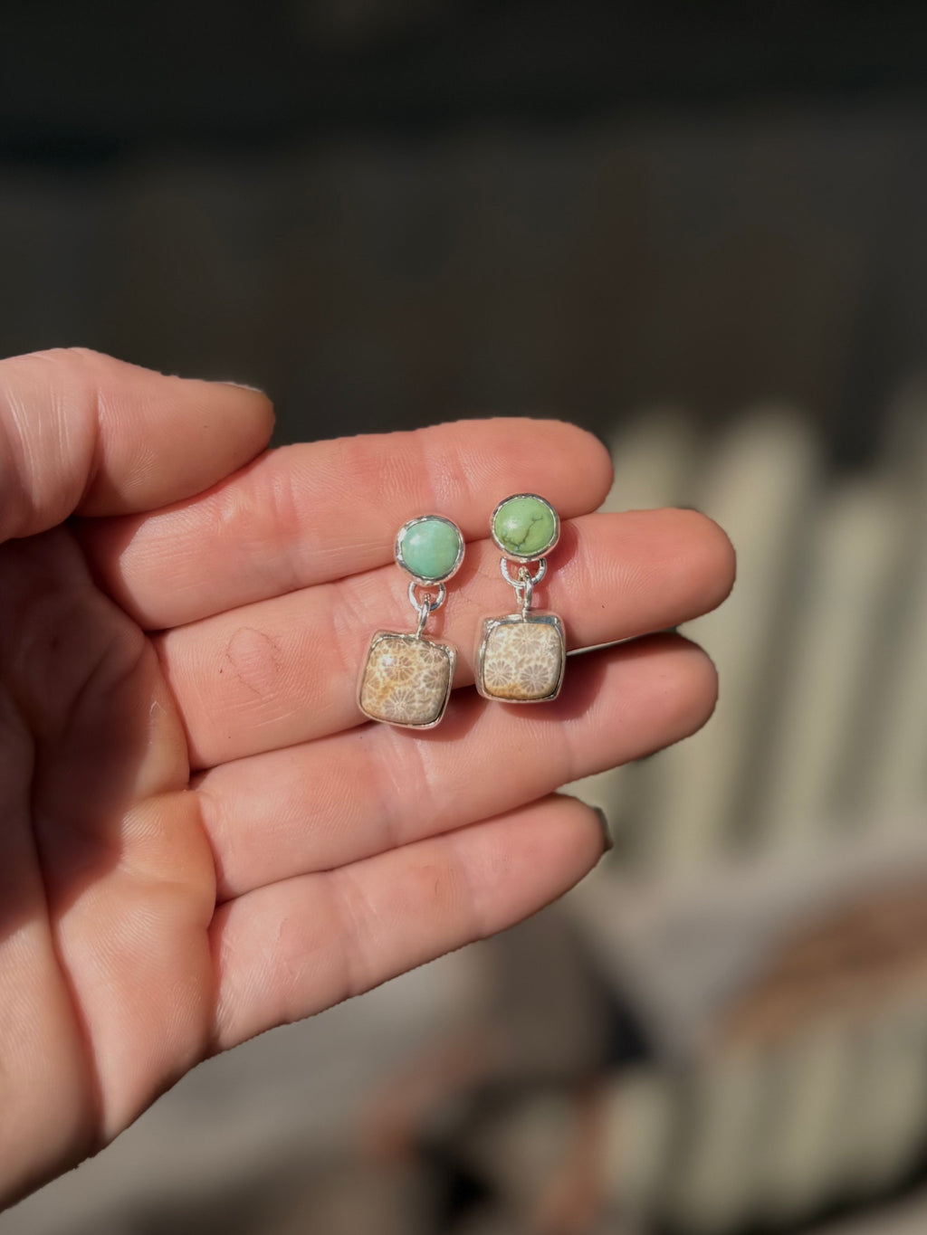 Turquoise x Fossilised Coral Dangle Studs