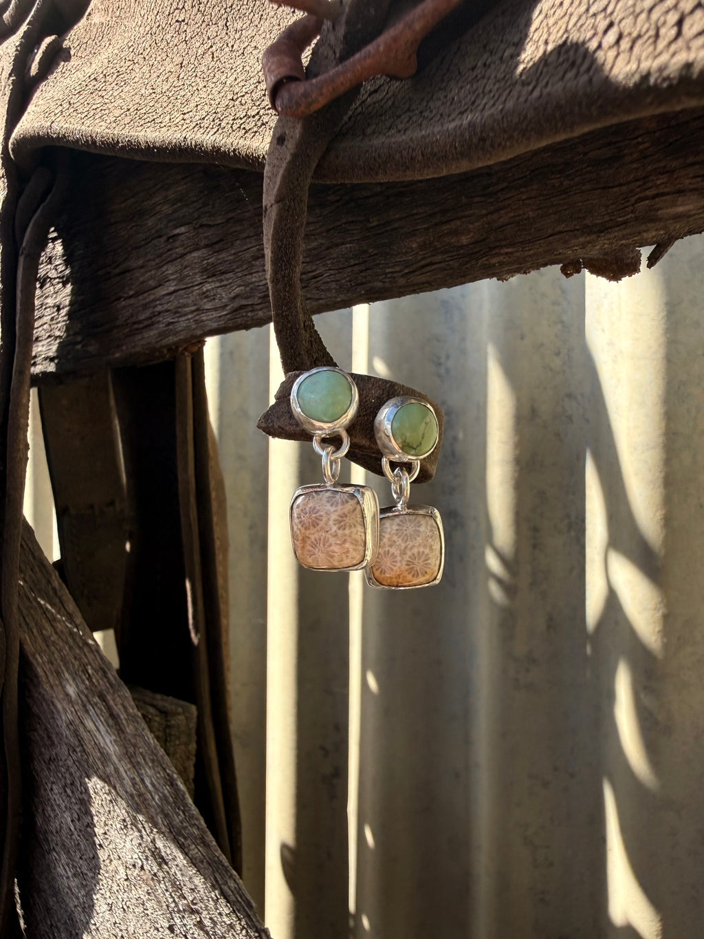 Turquoise x Fossilised Coral Dangle Studs